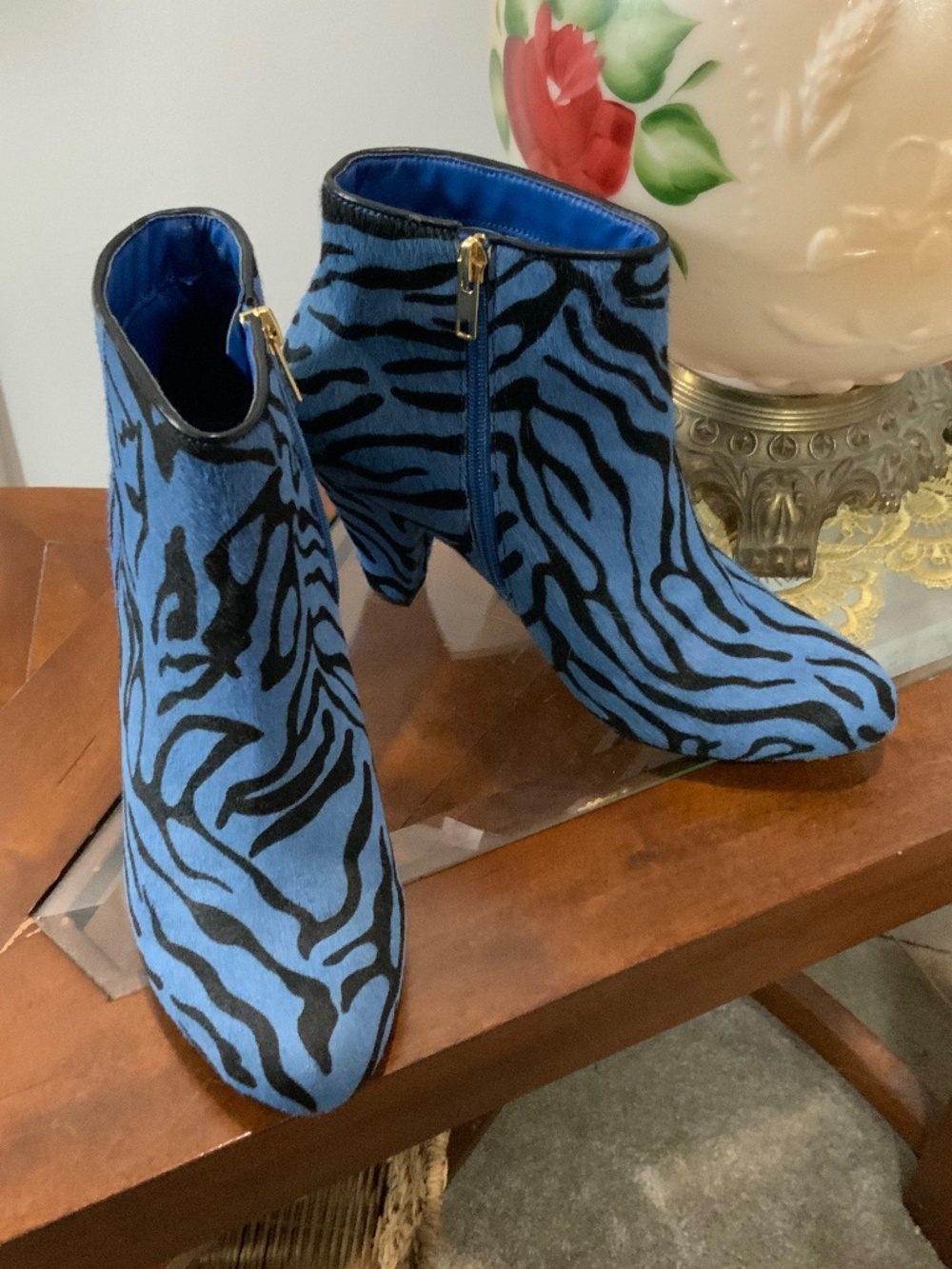 Blue Zebra Genuine Leather Ankle Boots 8 Y2K Funky Animal Print Booties Theme - Picture 6 of 9
